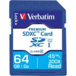 Verbatim 64GB Premium SDXC Memory Card, UHS-I Class 10 - Class 10/UHS-I (U1) - 90 MB/s Read1 Pack - 300x Memory Speed - TAA Compliance