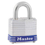 Four-Pin Tumbler Lock, Laminated Steel Body, 1.56" Wide, Silver/Blue, 2 Keys