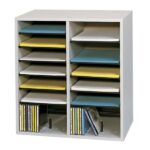 Safco Adjustable Wood Literature Organizer, 20"H x 19 1/2"W x 11 3/4"D, 16 Compartments, Gray
