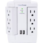 CyberPower CSP600WSURC2 Professional 6 - Outlet Surge with 1200 J - Clamping Voltage 800V, NEMA 5-15P, Wall Tap, 2 - 2.4 Amps (Shared) USB, EMI/RFI Filtration, White, Lifetime Warranty