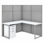 Bush Business Furniture Easy Office 60W L Shaped Cubicle Desk with File Cabinet and 66H Panels in Pure White