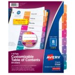 Avery Ready Index 1-8 Tab Binder Dividers With Customizable Table Of Contents, 8-1/2" x 11", 8 Tab, White/Multicolor, Pack Of 6 Sets