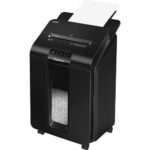 Fellowes® AutoMax™ 100M Micro-Cut Commercial Office Auto Feed 2-in-paper shredder with 100-Sheet Capacity - Non-continuous Shredder - Micro Cut - 100 Per Pass - for shredding Paper, Staples, Credit Card, Paper Clip - 0.156" x 0.391" Shred Size - P-4 - 8 ft/min - 8.62" Throat - 15 Minute Run Time - 6 gal Wastebin Capacity - Black