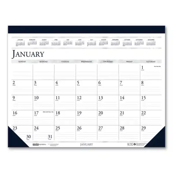 Recycled Two-Color Perforated Monthly Desk Pad Calendar, 22 x 17, Blue Binding/Corners, 12-Month (Jan-Dec): 2024