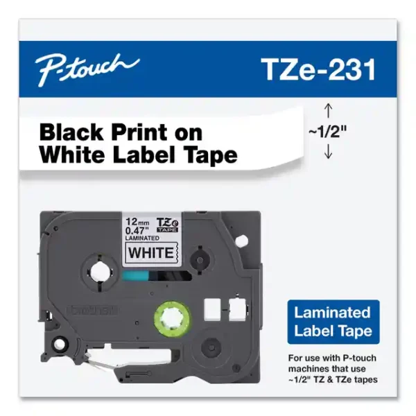 TZe Standard Adhesive Laminated Labeling Tape, 1/2w, Black on White