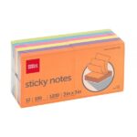 Sticky Notes, 3" x 3", Assorted Vivid Colors, 100 Sheets Per Pad, Pack Of 12 Pads
