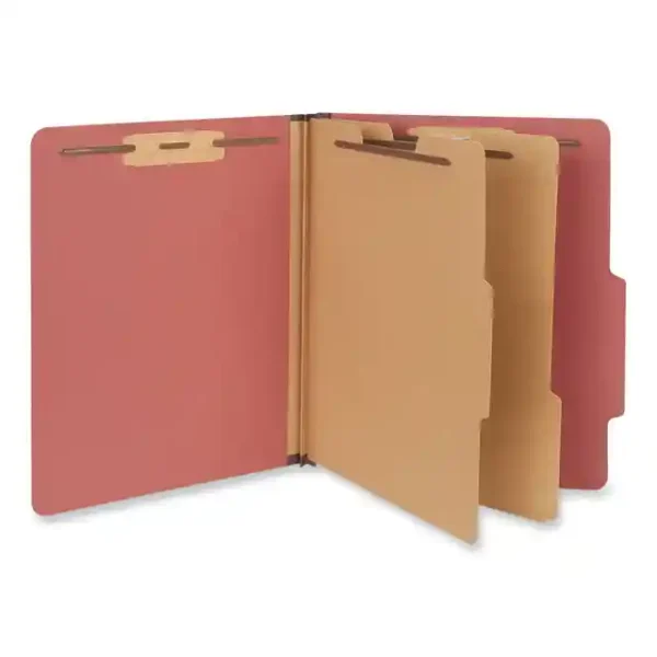 Six-Section Classification Folders, Heavy-Duty Pressboard Cover, 2 Dividers, 6 Fasteners, Letter Size, Brick Red, 20/Box